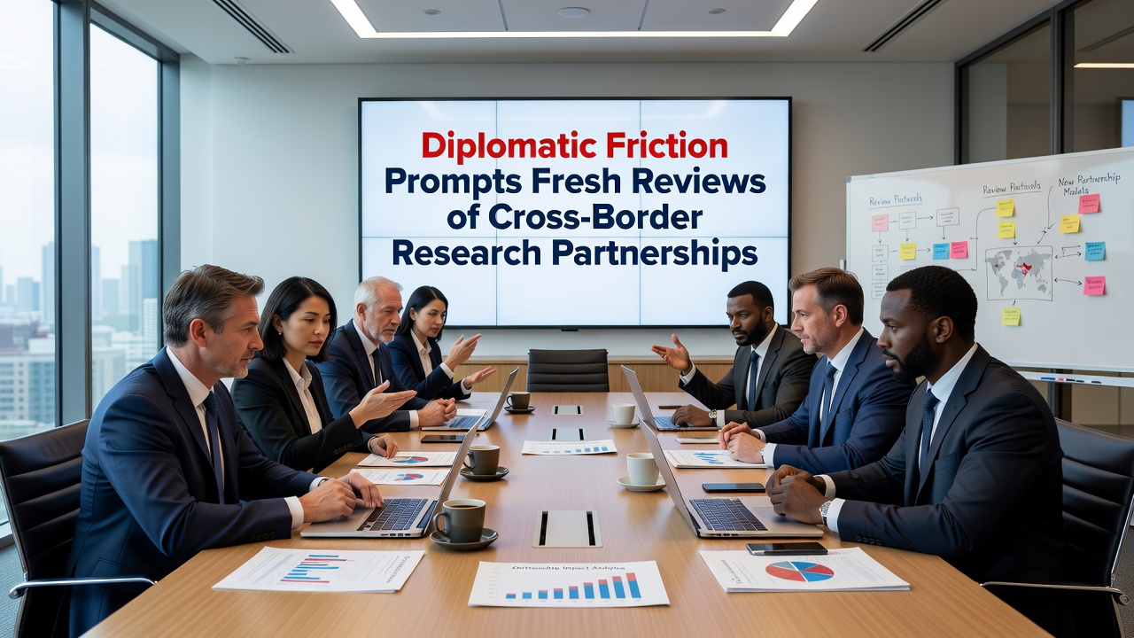 Scientists and policymakers examining data on international research collaborations during a review meeting