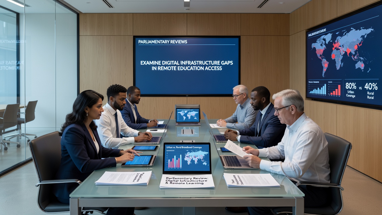 Students in a remote classroom using tablets connected through a community network hub as part of an education access initiative